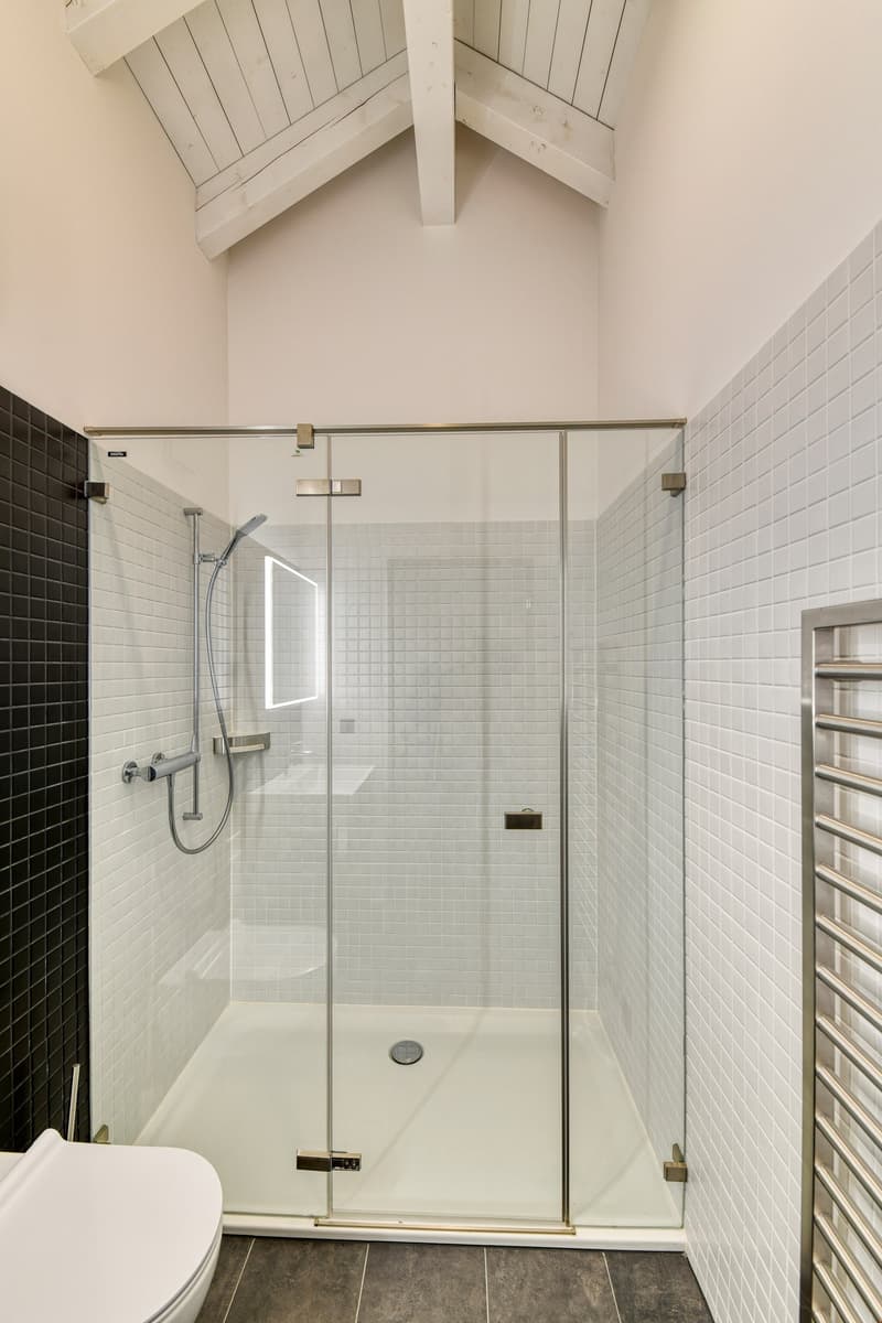 modern white bathroom with glass shower, black tiles on the floor and one wall, silver shower head, toilet bowl