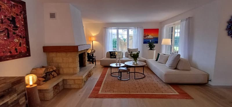 white walls, fireplace, white couches, wooden floor, coffee tables, lamps, rug, paintings, potted plant