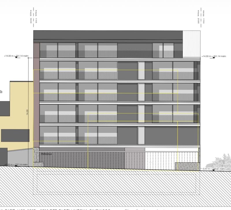 residential building, 5 floors, balconies on each floor, garage on the ground floor, courtyard area at the front
