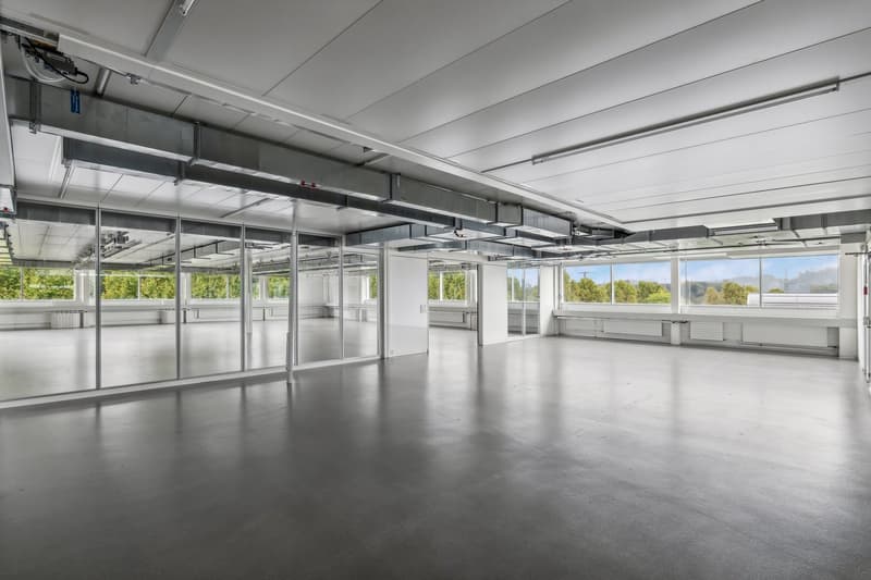 Large open office space with high ceilings, concrete floors, and floor-to-ceiling windows providing natural light and views of the surrounding greenery. The space has a modern, minimalist design with exposed ceiling beams and ductwork.