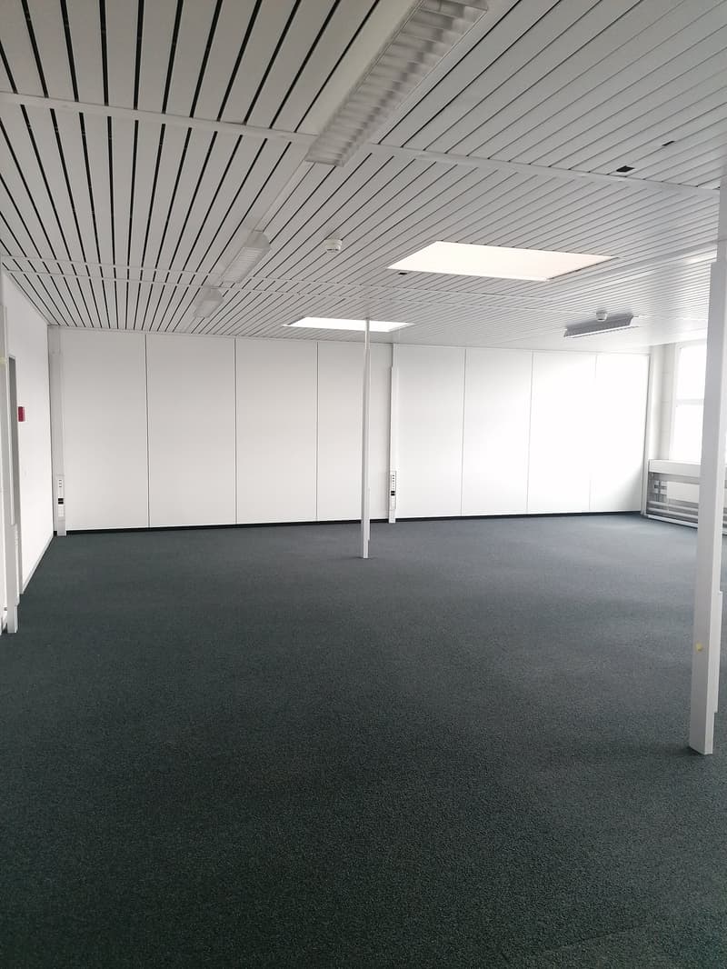 Large open office space with white walls, gray carpeted floor, and a suspended ceiling with recessed lighting. The room appears to be empty and ready for use.