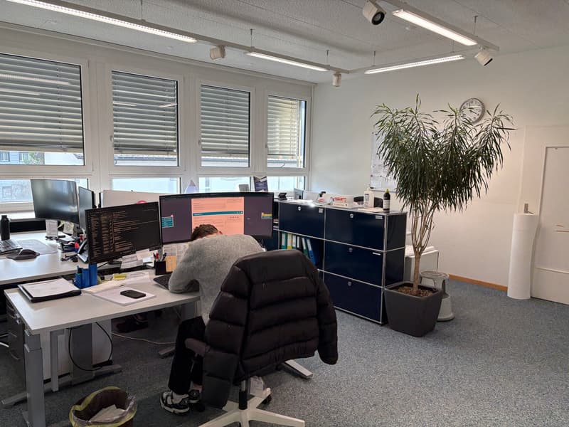 Office setup with computer, desk, chair, potted plant, clock on the wall, ceiling lights, and surveillance cameras