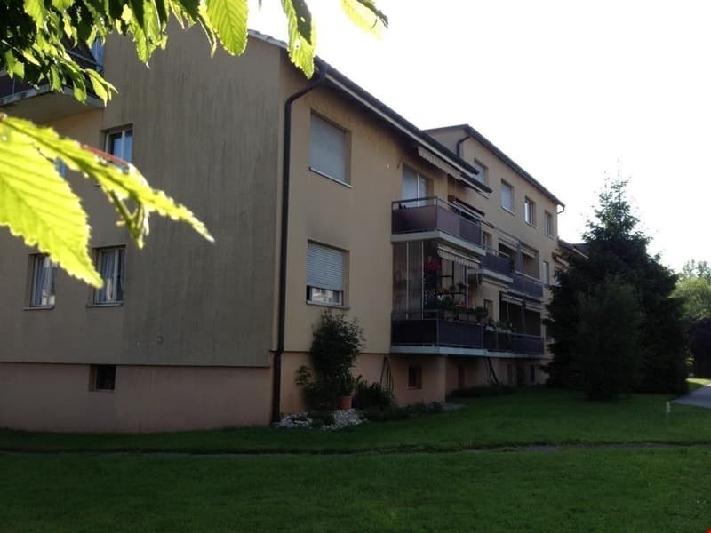 Three-story apartment building with beige exterior, multiple windows, balconies, and a lawn