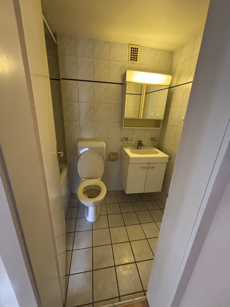 modern bathroom, with shower, toilet, sink, white tiled walls, white tiles on the floor, vanity with cabinet