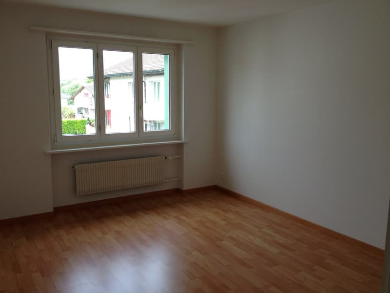 Empty room with window, wooden floor, white walls, a radiator below the window