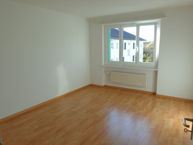 empty room, wooden floor, white walls, large window, radiator