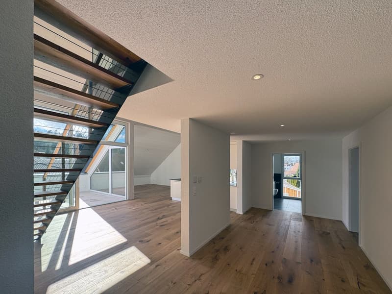 Open floor plan, hardwood flooring, modern staircase, large glass windows, no furniture