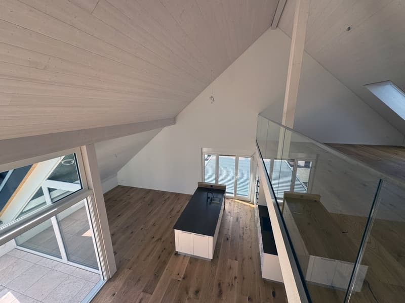 Open attic space with wooden floor, white walls, glass railings, large windows, modern kitchen island, and skylight.