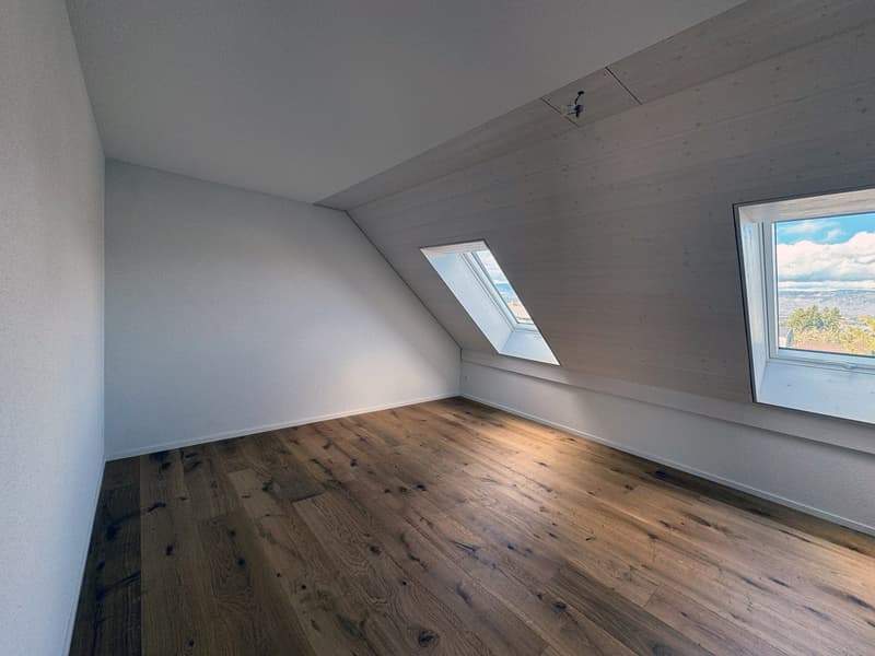 Empty attic room with white walls and wooden floor, two attic windows with view