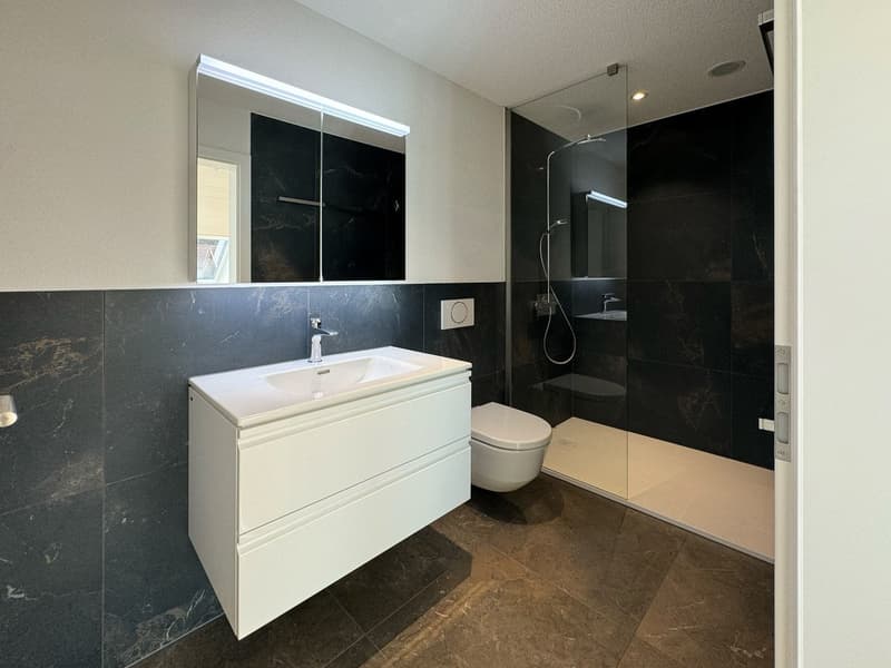 Modern bathroom with a large sink, toilet, and walk-in shower, marble tiled walls and floor, modern mirror, bright lighting