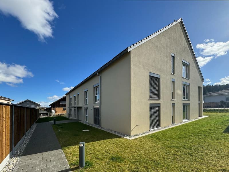 Modern, single family house, light-colored facade, multiple windows, fenced yard, driveway, lawn