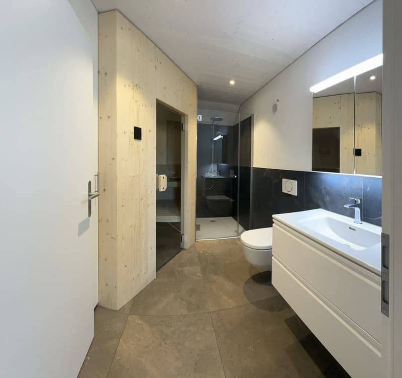 tiled floor, walk in shower, large mirror, white toilet, white sink, wooden wall