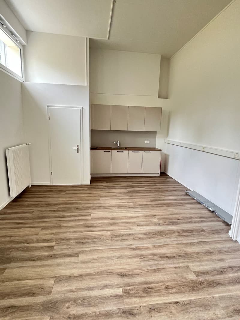 The image shows a studio apartment with a kitchenette area, hardwood-style flooring, and a white interior. The kitchenette features built-in cabinets and a sink. There is a door leading to another room or area. The overall space appears clean and minimali
