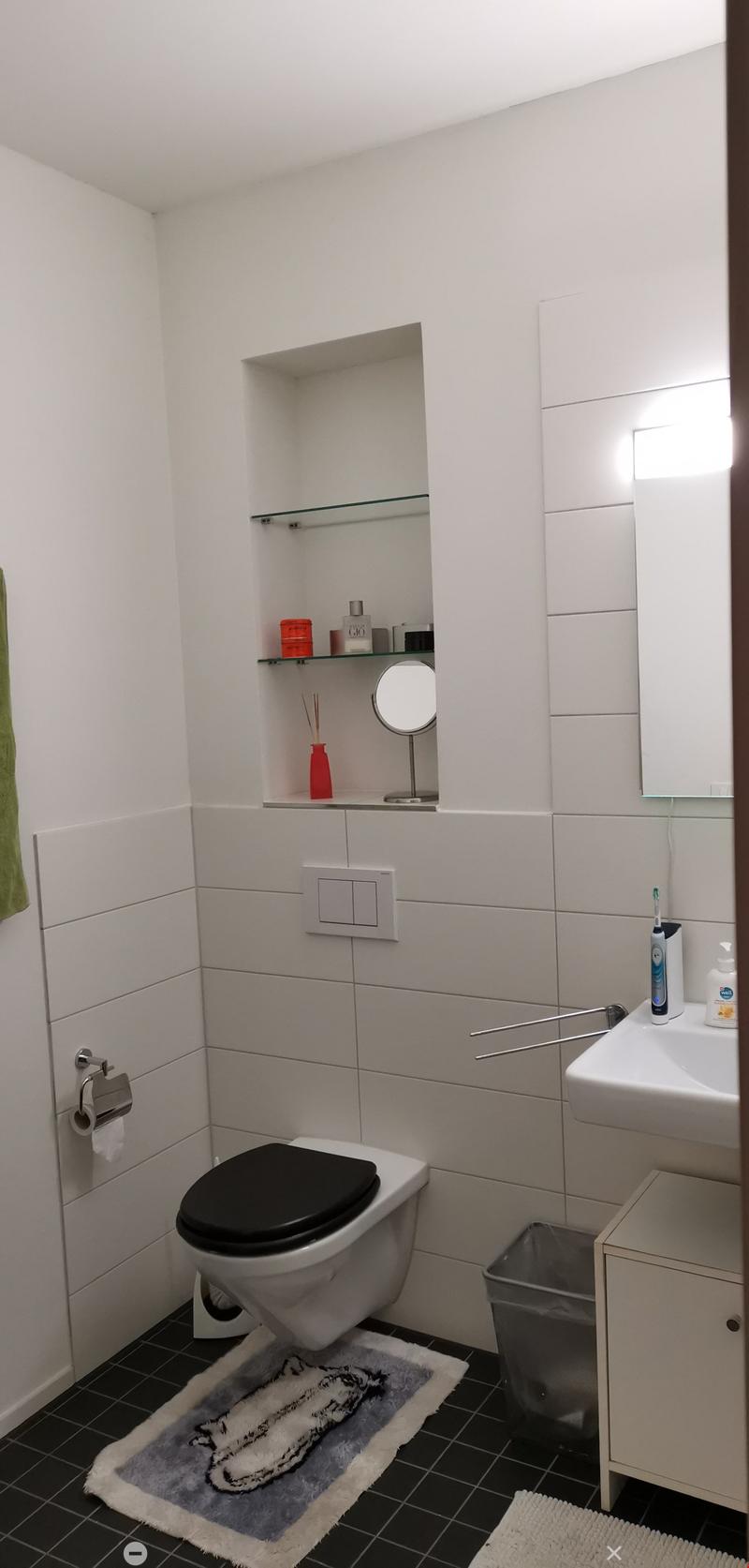 white tiles, black floor, white toilet, white sink, white cabinet, small shelf with a mirror, toiletries on the shelf, a rug, a trash can