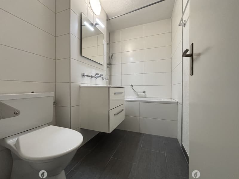Modern bathroom, white tiled walls, white sink, white toilet, white bathtub, white shelves, bathtub grab bar, illuminated mirror