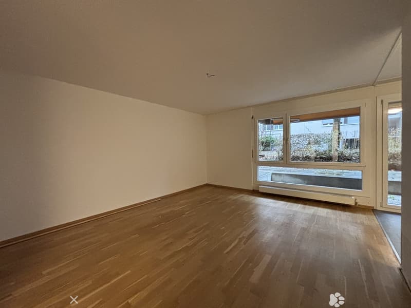 Empty room, hardwood floors, white walls, large windows with external view