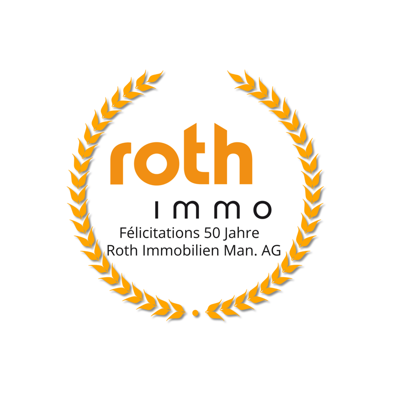 Logo of Roth Immobilien Man. AG in golden color with an olive wreath frame and text 'Félicitations 50 Jahre'.