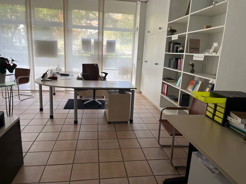 Office room: desks, chairs, bookshelves, a table with a vase of flowers, large windows, a glass wall, beige tiled floor