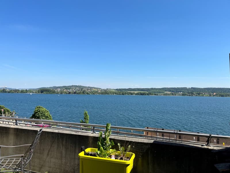 A terrace with a view of the lake, metal railing, yellow plant container, and a chair.