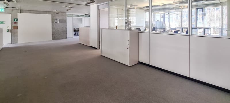 Spacious office space with modern white cubicles, carpeted floor, large windows providing abundant natural light