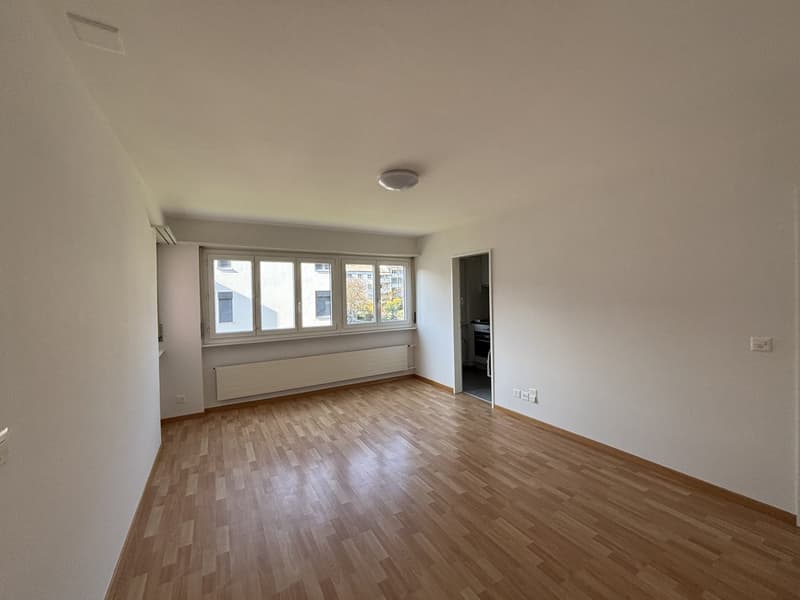 empty room, wooden floor, white walls, large windows, radiator, ceiling lamp