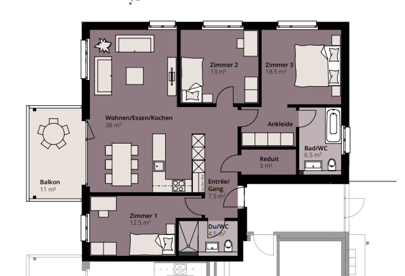 Living/Dining/Kitchen, 3 bedrooms, 2 bathrooms, balcony, entrance/hallway, wardrobe, reduction, dressing room