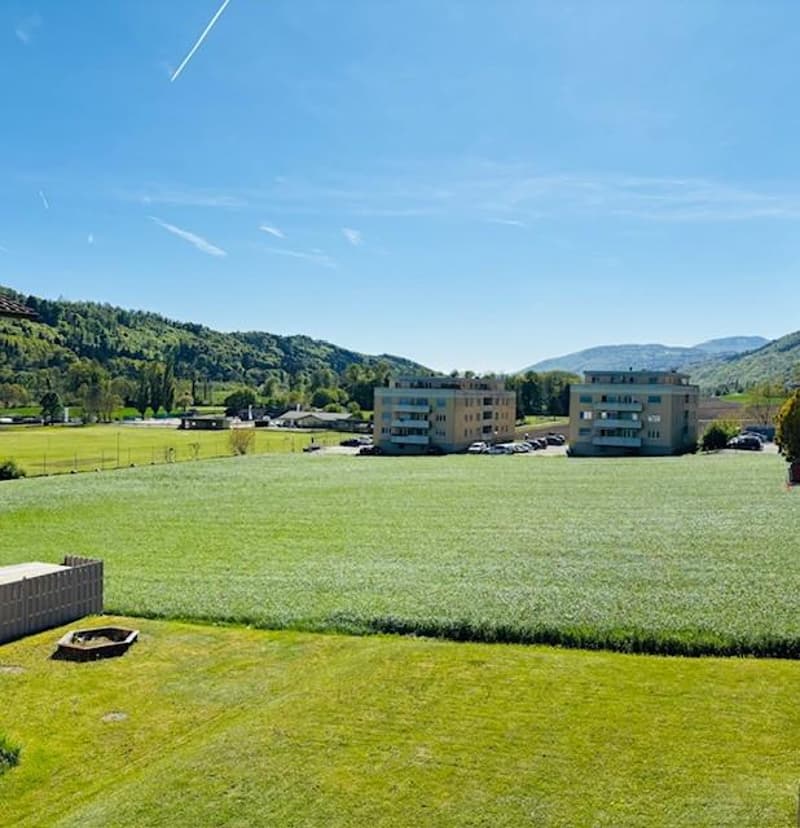 large green field, two buildings in the background, mountains in the distance
