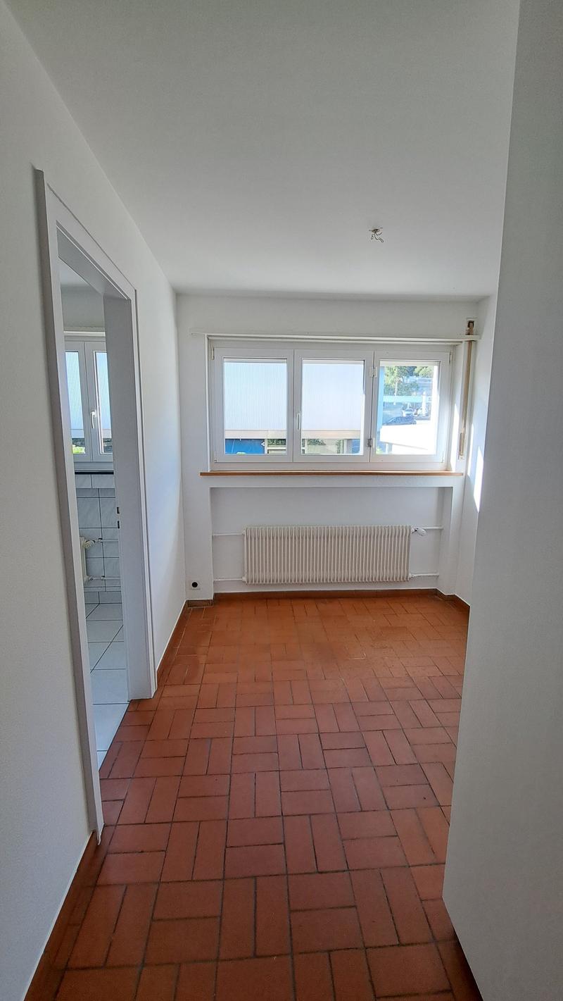 Empty room, white walls, red brick floor, white radiator, windows with white frames