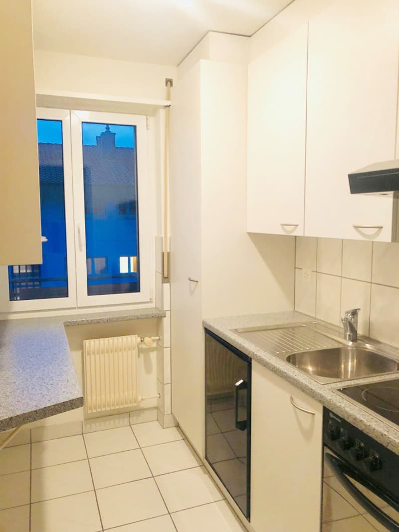 modern kitchen with white tiles, white cabinets, stainless steel sink, gas stove, window with view