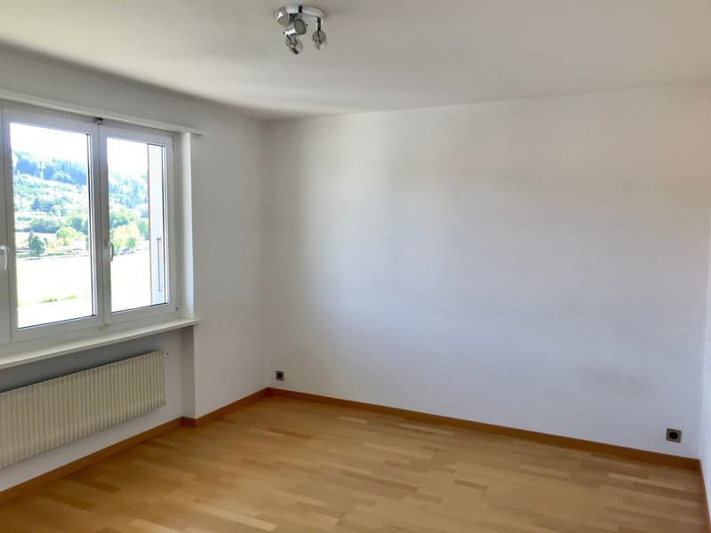 empty room, white walls, wooden floor, large window, white radiator, ceiling lights