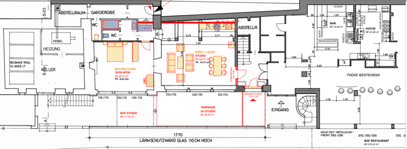 Storage room, Garderobe, WC, Heizung, Besprechung, Empfangshalle, Buro/Lager, Studio, Eingang Studio, Terrasse zu Studio