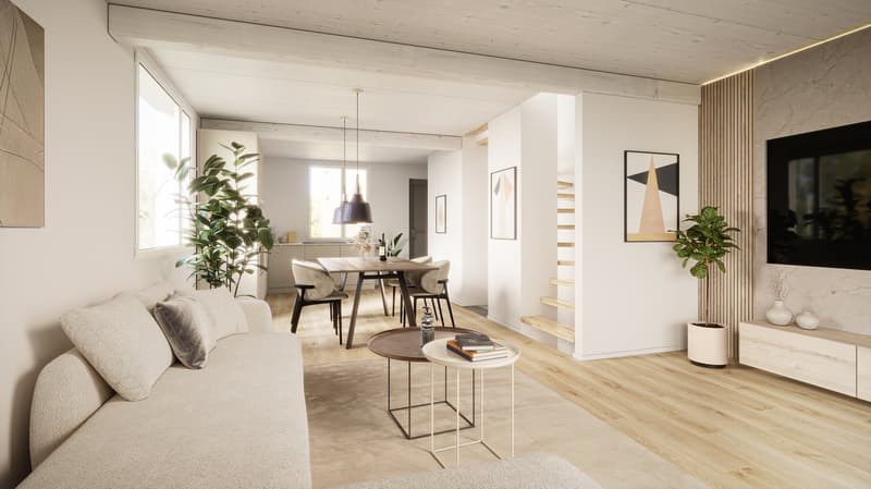 light wood flooring, sofa, table with books, dining table with chairs, plants, tv, art, pendant lights