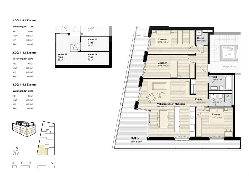 3 floor plans, each with 4.5 rooms, living room, kitchen, 2 bedrooms, 2 bathrooms, balcony