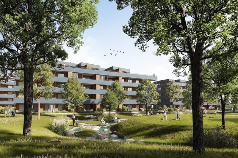 Modern apartment complex with multiple floors, surrounded by trees and grass, with a small stream and rocks in the foreground.