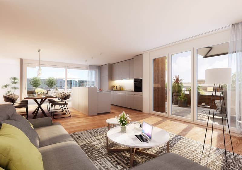 modern living room with wooden floor, large windows, sliding doors to balcony, gray couch, round coffee table, laptop, dining table with chairs, kitchen island, modern kitchen, plants