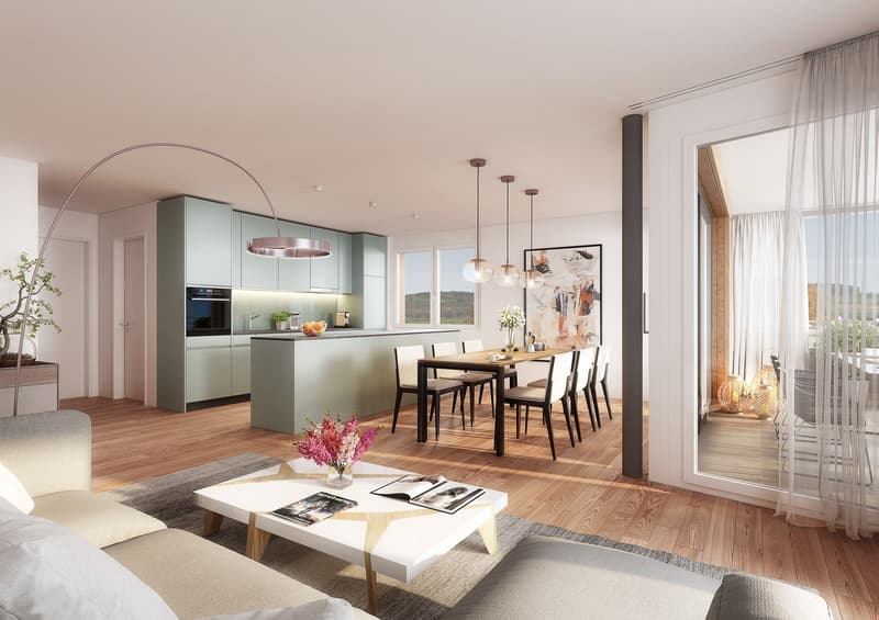 open plan living room and kitchen, dining table, wooden floor, large windows, modern furniture