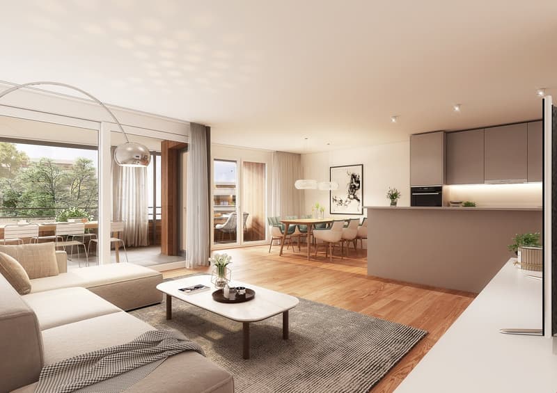 modern living room, large windows, balcony, wooden floor, white sofa, coffee table, floor lamp, dining area, kitchen, TV