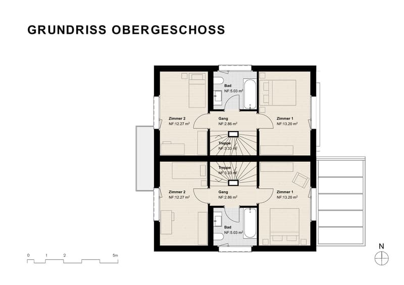 Floor plan of a house with 3 rooms, 2 bathrooms, a hallway, and a staircase.