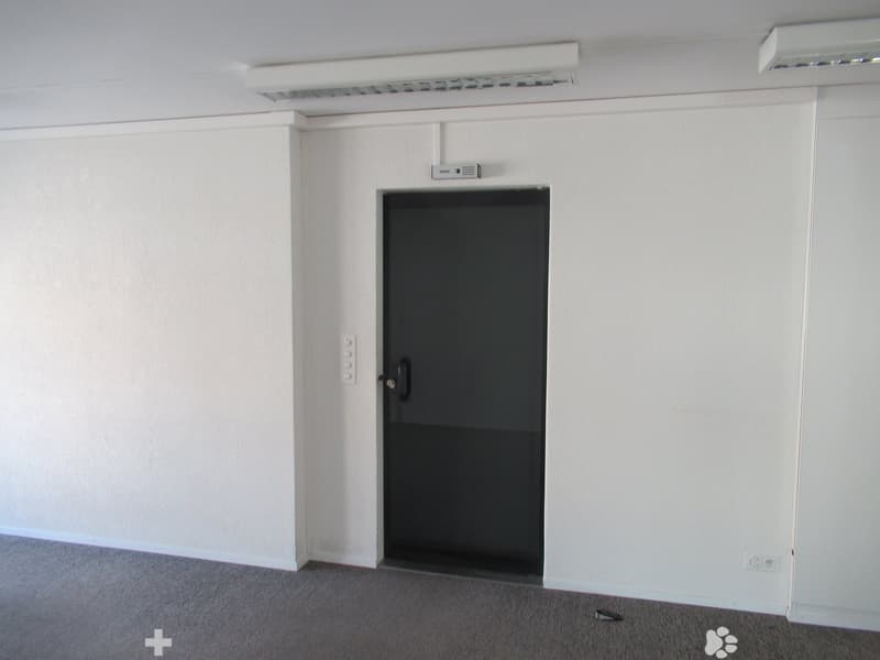 empty room with a door, white walls, gray floor, closed door