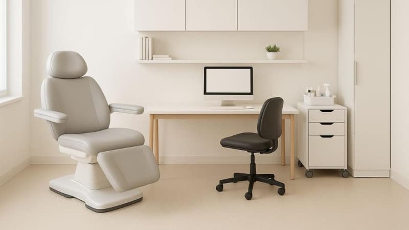 modern office room with a desk, chair, computer, and a massage chair