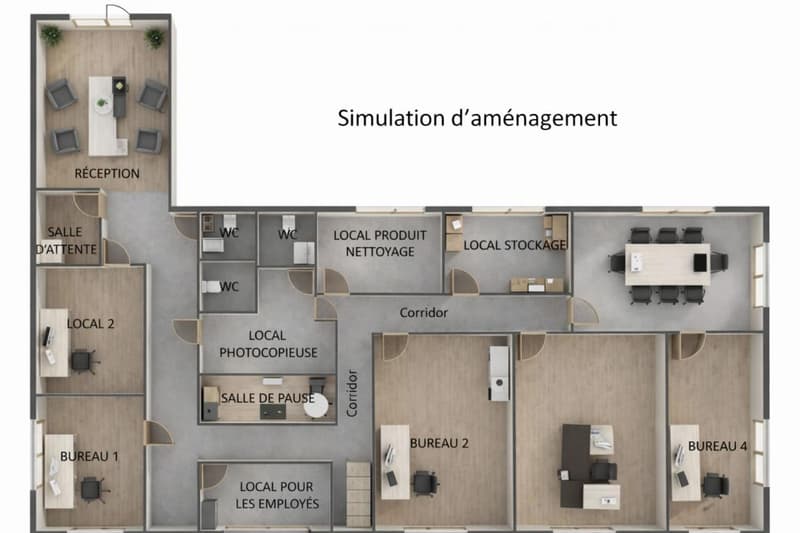reception area, waiting room, 2 offices, 2 meeting rooms, 2 WCs, storage room, photocopier room, employee room