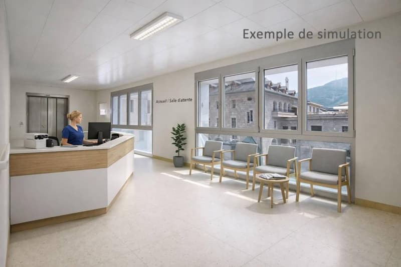 Reception desk, computer, woman, chairs, table, plant, windows, elevator
