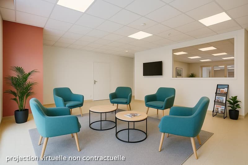 modern waiting room with white walls, red accent wall, gray carpet, teal chairs, round tables, plants, mirror, TV