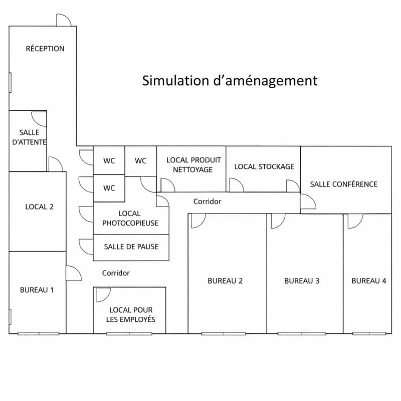 Reception area, waiting room, 4 offices, meeting room, 2 WCs, photocopier room, storage room, employee room