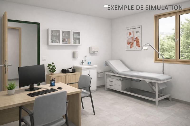 Office desk, computer, chair, cabinet, sink, medical bed, lamp, poster, potted plants