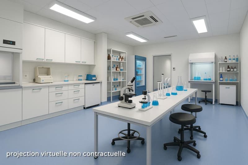 modern laboratory with white cabinets, blue floor, central table with microscopes, beakers, and bottles, two stools, and a refrigerator