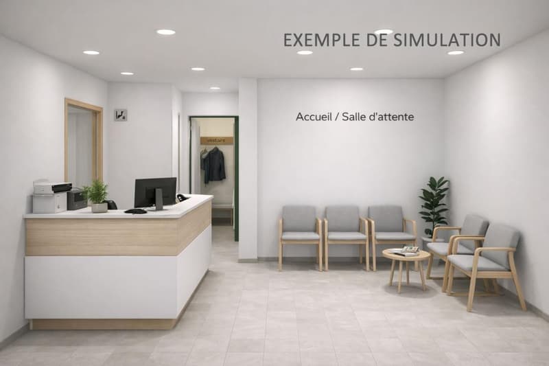 Reception area with a desk, chairs, a plant, and a sign indicating 'Accueil / Salle d'attente'.