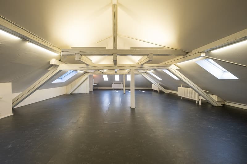 Empty attic room, wooden beams, skylights, radiators, white walls, black floor