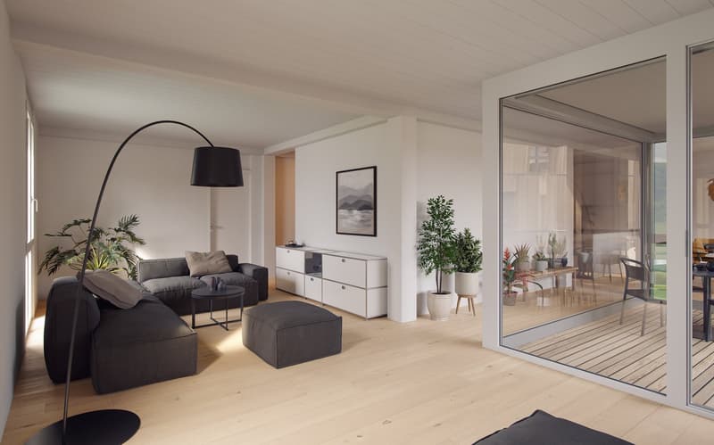 modern decor, wooden floor, L-shaped couch, wooden tables, potted plants, glass doors, large windows, balcony with outdoor furniture, table with chairs, indoor plants