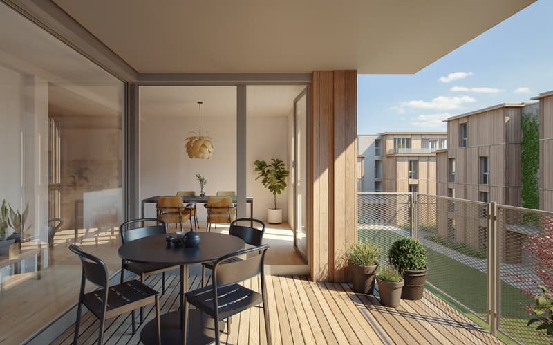 balcony with wooden flooring, round table, and chairs, potted plants, glass walls, hanging lamp, wooden wall, table and chairs inside the room